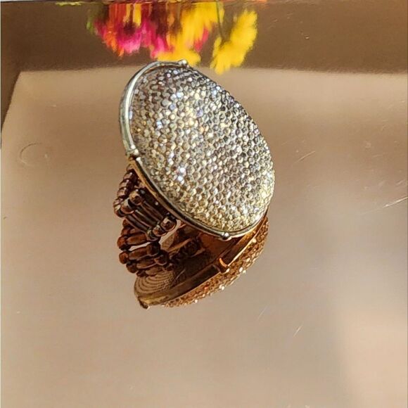 🐢 Vintage Ring Stretch Band Gold Rhinestone Circular Disc Ring 1” Diameter - Picture 5 of 8